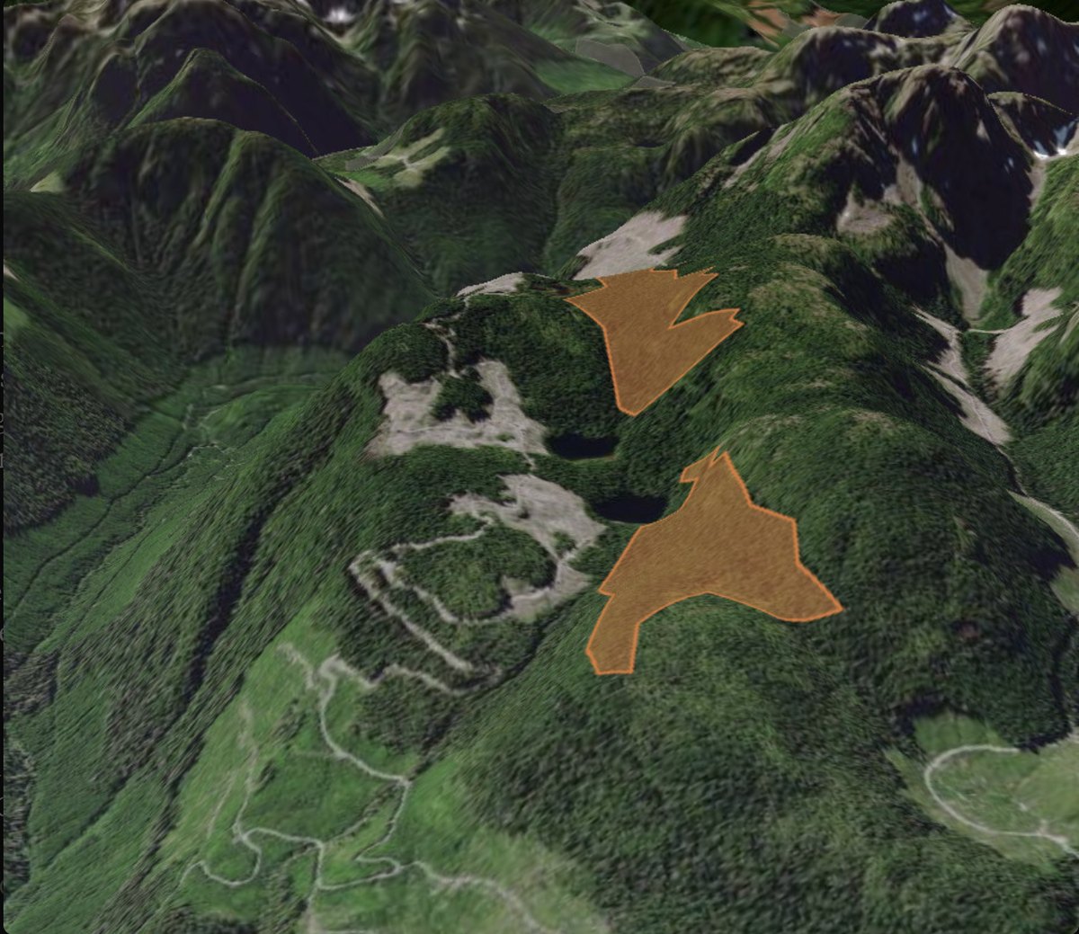 3D terrain view of two BC cutblocks outlined for harvest